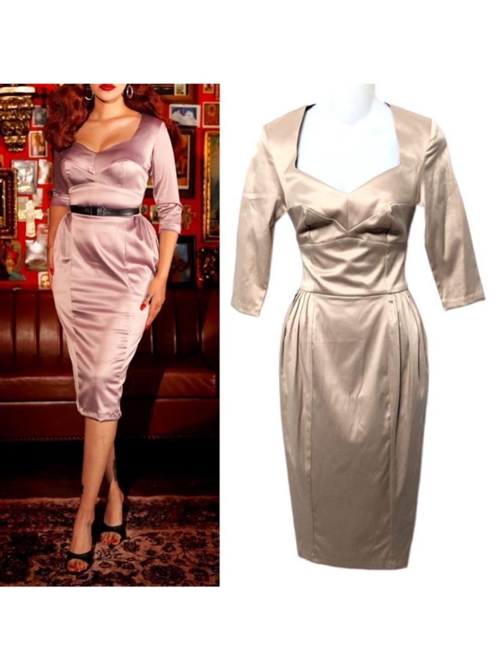 NWT DEADLY DAMES Pinup Couture Mona Satin Sweetheart Wiggle Midi Dress XS